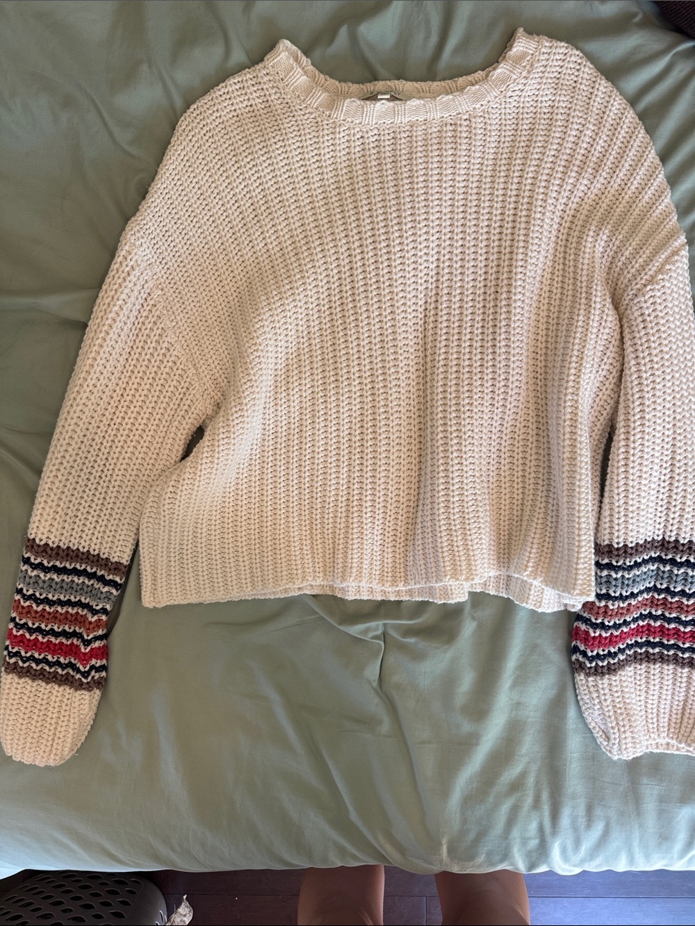 Z Supply Cream Crewneck Sweater with Multicolor Striped Cuffs